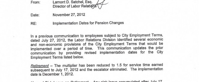 Memo from the City of Detroit regarding “Implementation Dates for Pension Changes