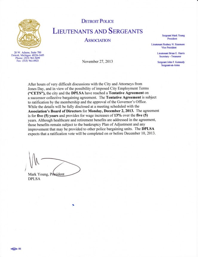 Please take the time to review this important information regarding the tentative Master Agreement entered into for the Detroit Police Lieutenants and Sergeants Association for 2013-2018.