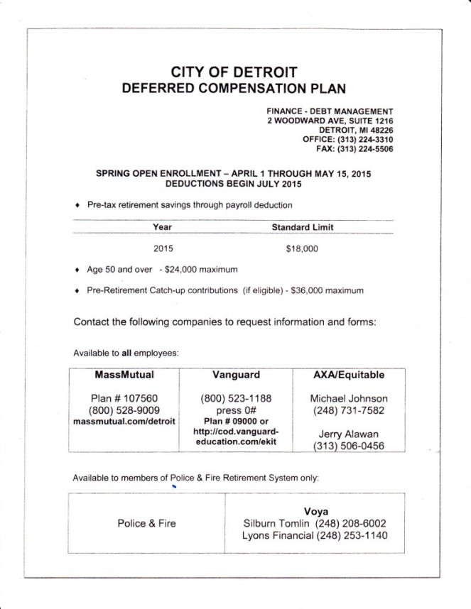 Please review the following information for the City of Detroit Spring Open Enrollment For Deferred Compensation Plan. The Open Enrollment Period begins Wednesday, April 1, 2015 through Friday, May 15, 2015.