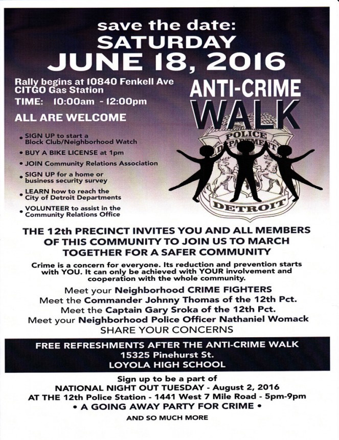 12th Precinct ANTI – CRIME WALK. Rally begins at 10 am, Citgo Gas Station, 10840 Fenkell, Detroit MI