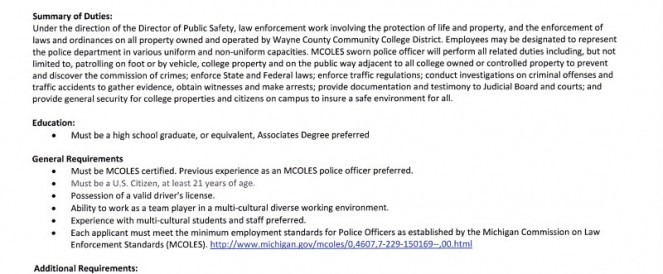 Wayne County Community College District is hiring retired law enforcement officers. Please review the attachment and share the information.